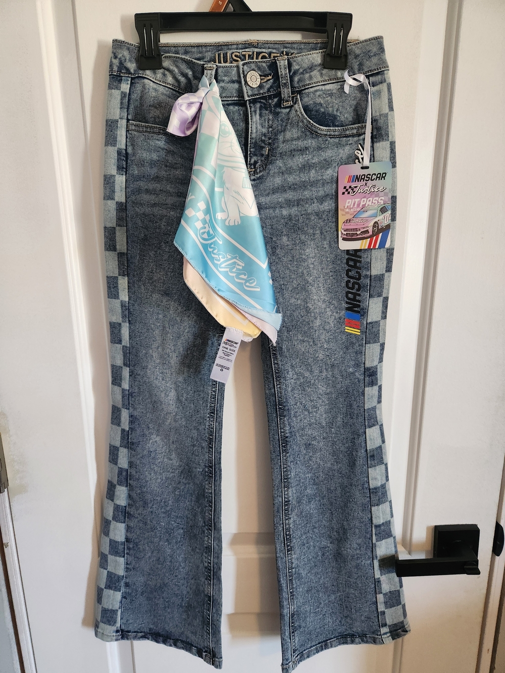 Justice Blue Check-Trim Flare Jeans with Pastel Bandana Accent
